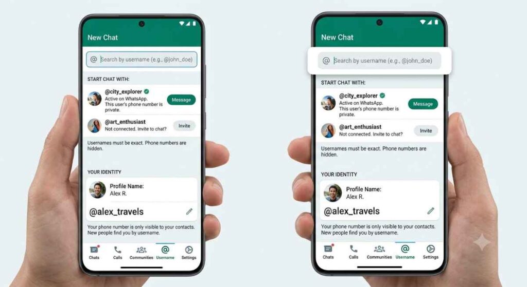 WhatsApp username feature interface showing handle search instead of phone number