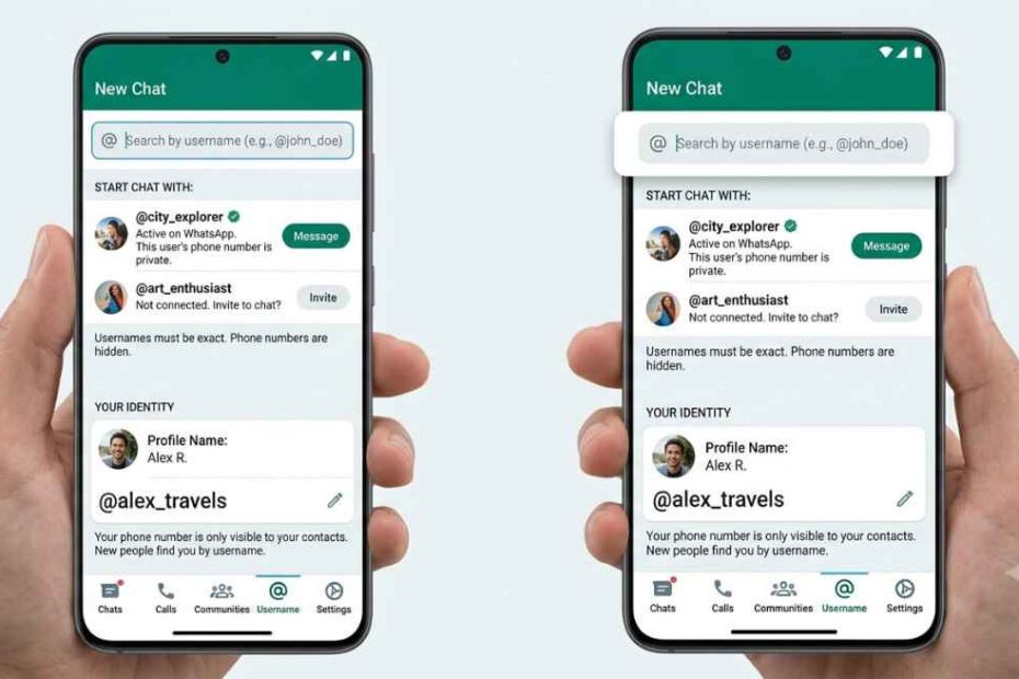 WhatsApp username feature interface showing handle search instead of phone number
