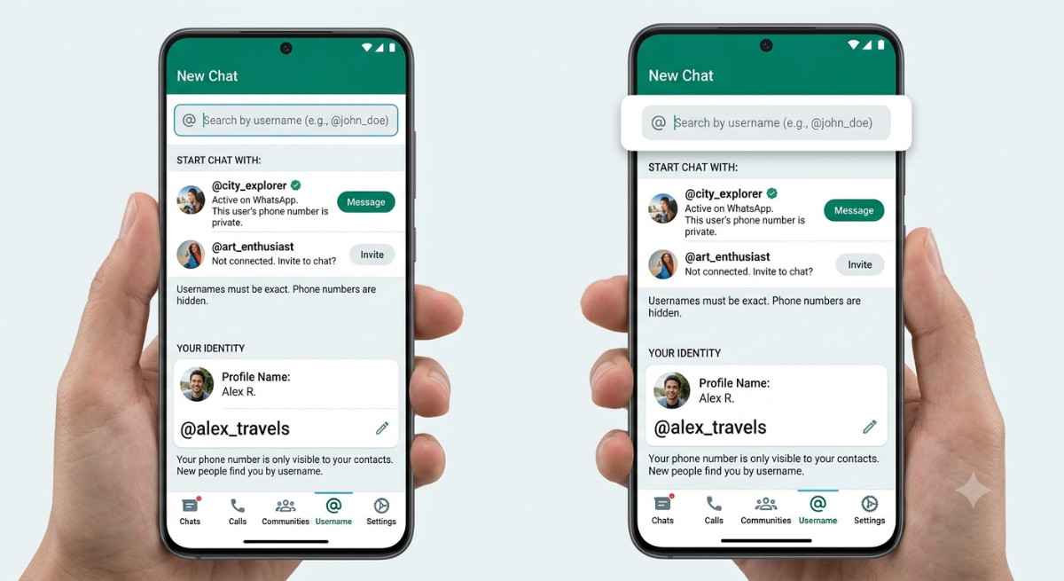 WhatsApp username feature interface showing handle search instead of phone number
