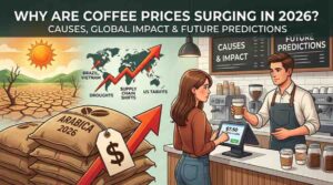 "Barista pouring a latte as 2026 coffee prices surge globally"