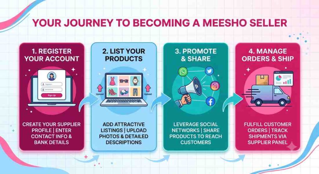 Step-by-step infographic showing how to become a Meesho seller