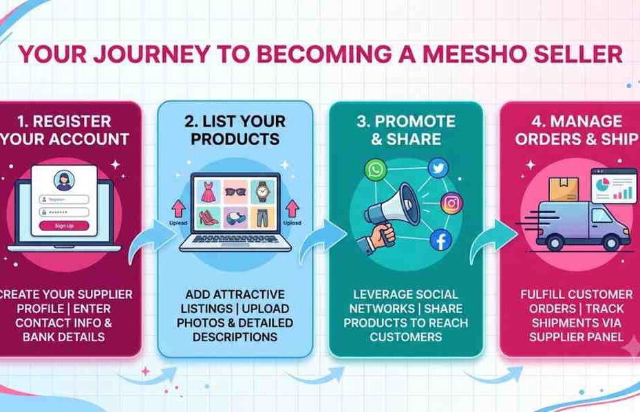 Step-by-step infographic showing how to become a Meesho seller