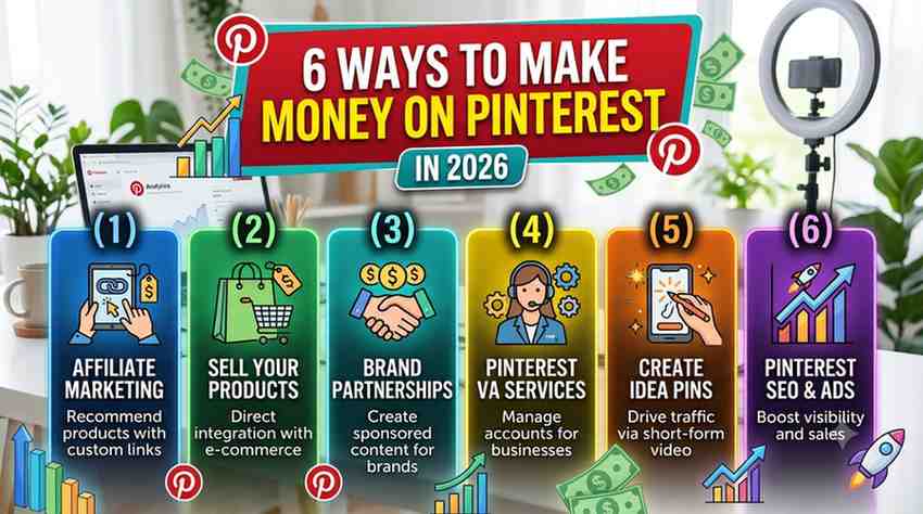 A vibrant infographic titled "6 Ways to Make Money on Pinterest in 2026." The image displays six distinct, numbered panels. 1: Affiliate Marketing, showing a tablet and price tags. 2: Sell Your Products, featuring a shopping cart. 3: Brand Partnerships, showing a handshake with dollar signs. 4: Pinterest VA Services, displaying a virtual assistant. 5: Create Idea Pins, with a smartphone and stylus. 6: Pinterest SEO & Ads, showing a rocket and a graph. The design uses a mix of flat icons and photographic background elements with flying money.
