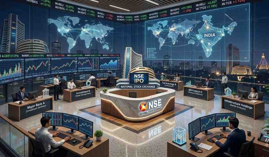 A vibrant graphic showing the interconnected nature of the Indian stock market, with the NSE at the center and a few key listed companies branching out as potential winners of the upcoming IPO. The image can have a glowing effect, symbolizing growth and opportunity.
