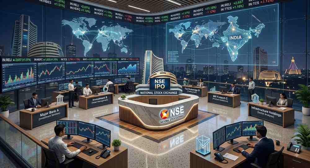 A vibrant graphic showing the interconnected nature of the Indian stock market, with the NSE at the center and a few key listed companies branching out as potential winners of the upcoming IPO. The image can have a glowing effect, symbolizing growth and opportunity.